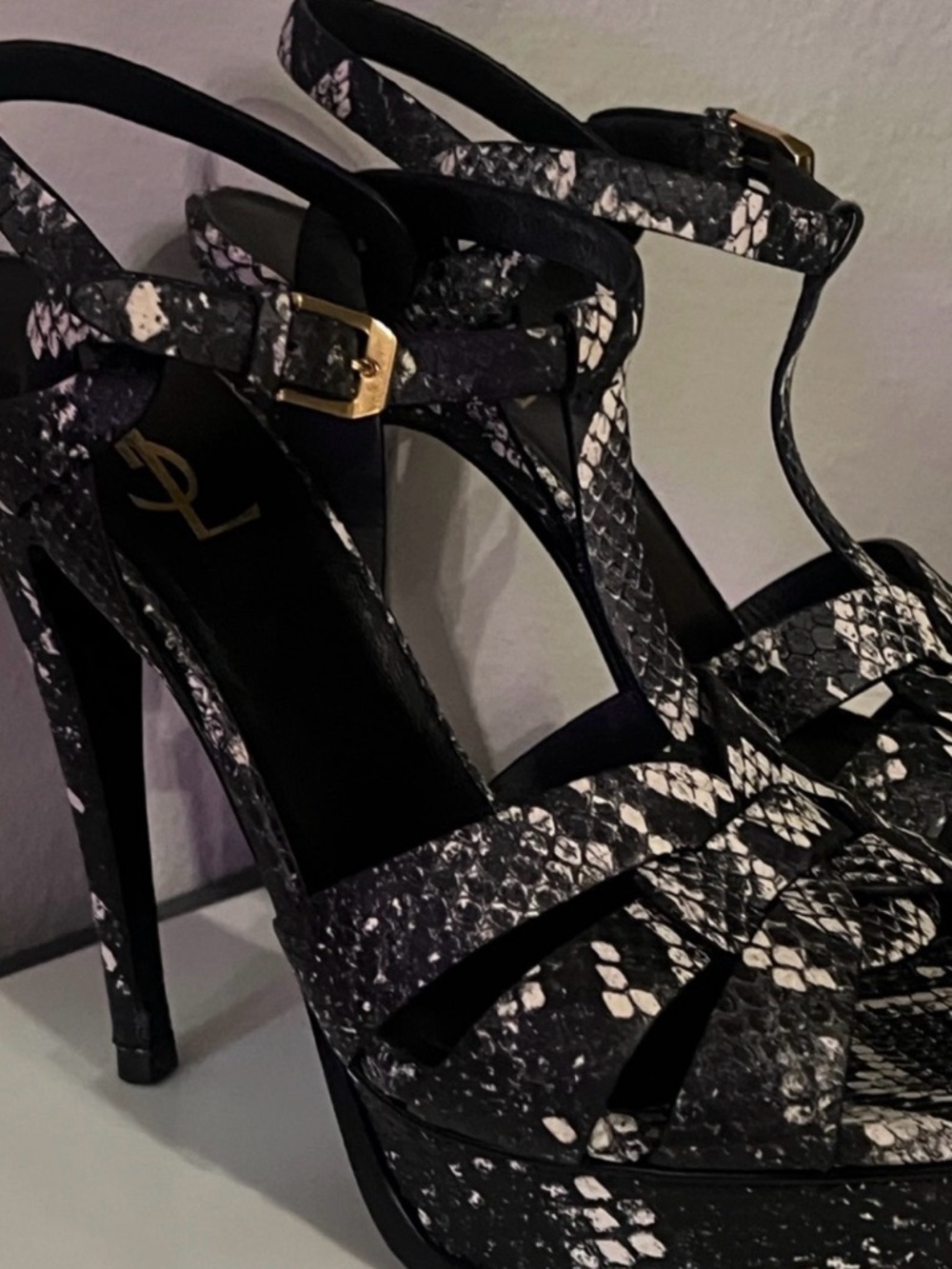 Yves Saint Laurent Black & White Snake-Print Platform T-Strap Heels